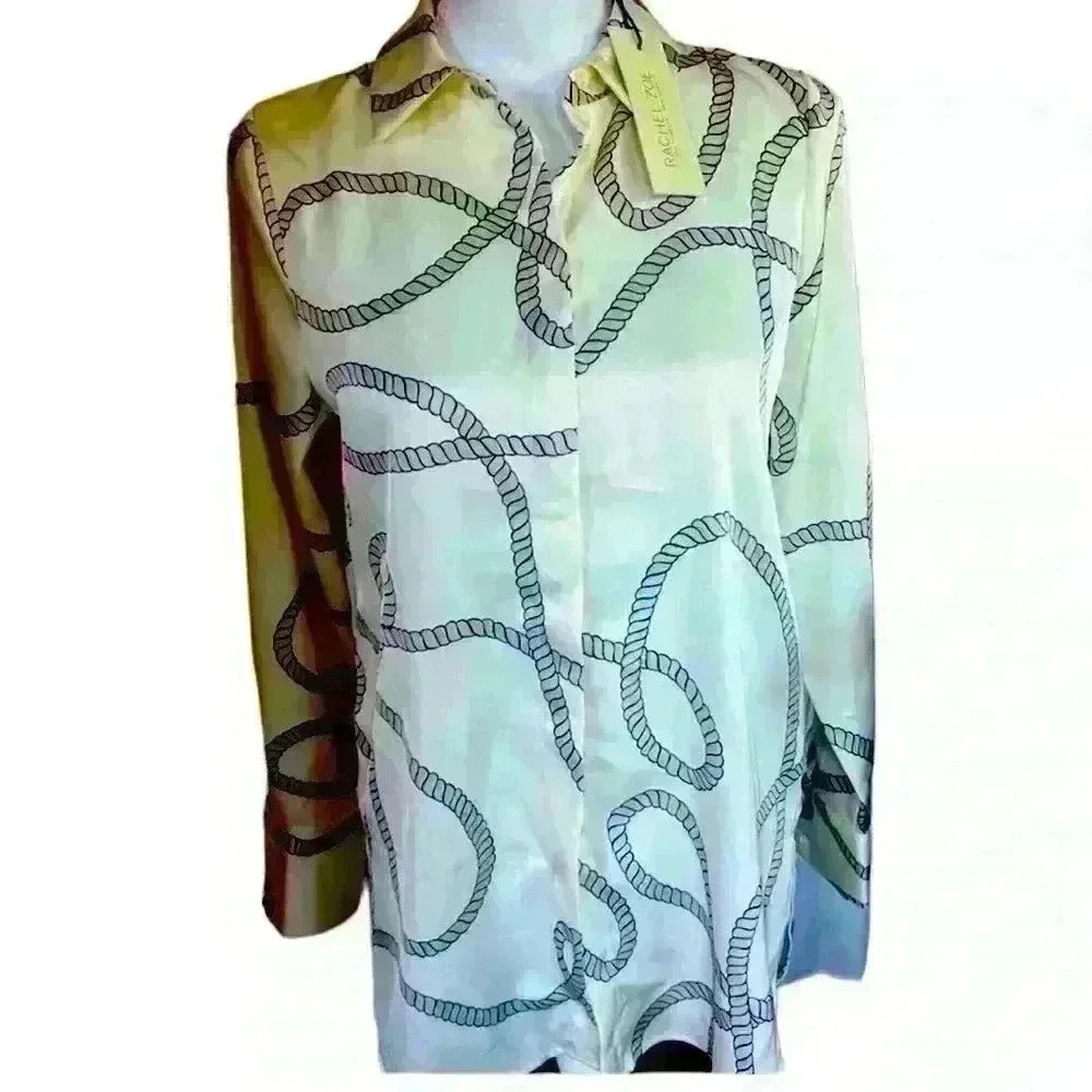 Rachael Zoe blouse chain print white and gray.  XS. Length 26” sleeve 24”NWT - Picture 3 of 8